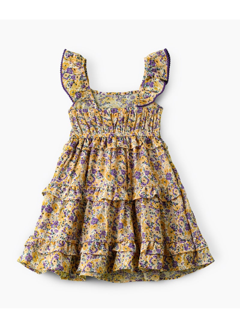 Jelliene Girls Yellow & Purple Floral Tiered Ruffle Dress - Image 2